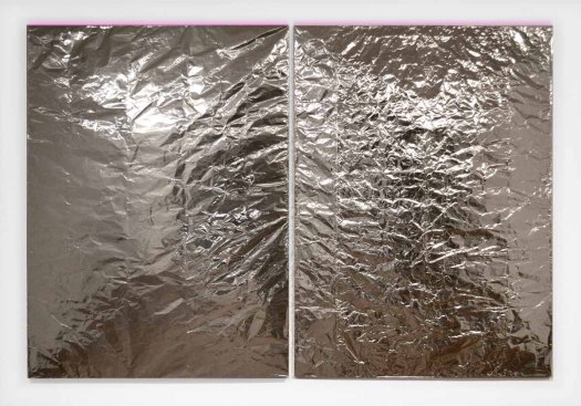 Optical Vibration (diptych), aluminum foil, wood, acrylic paint, case fans, batteries and switches, 72 x 54 each panel, 2012