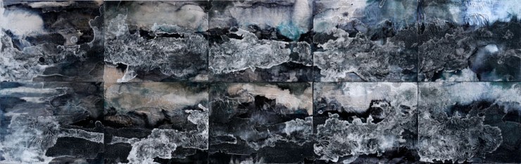 Blue Mountain Series, silver leaf, ink, acrylic and salt on panel, 8 x 10 inches each (shown in a grid of all 10 works), 2015