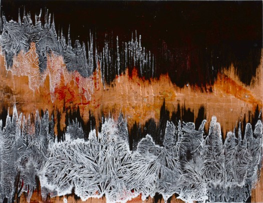 Floating World Series, metal leaf (copper or silver), ink, acrylic and salt on panel, 11 x 14 inches, 2015